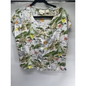 Cynthia Rowley 100% Linen Button Front Blouse Women's Large Boxy Fit Large